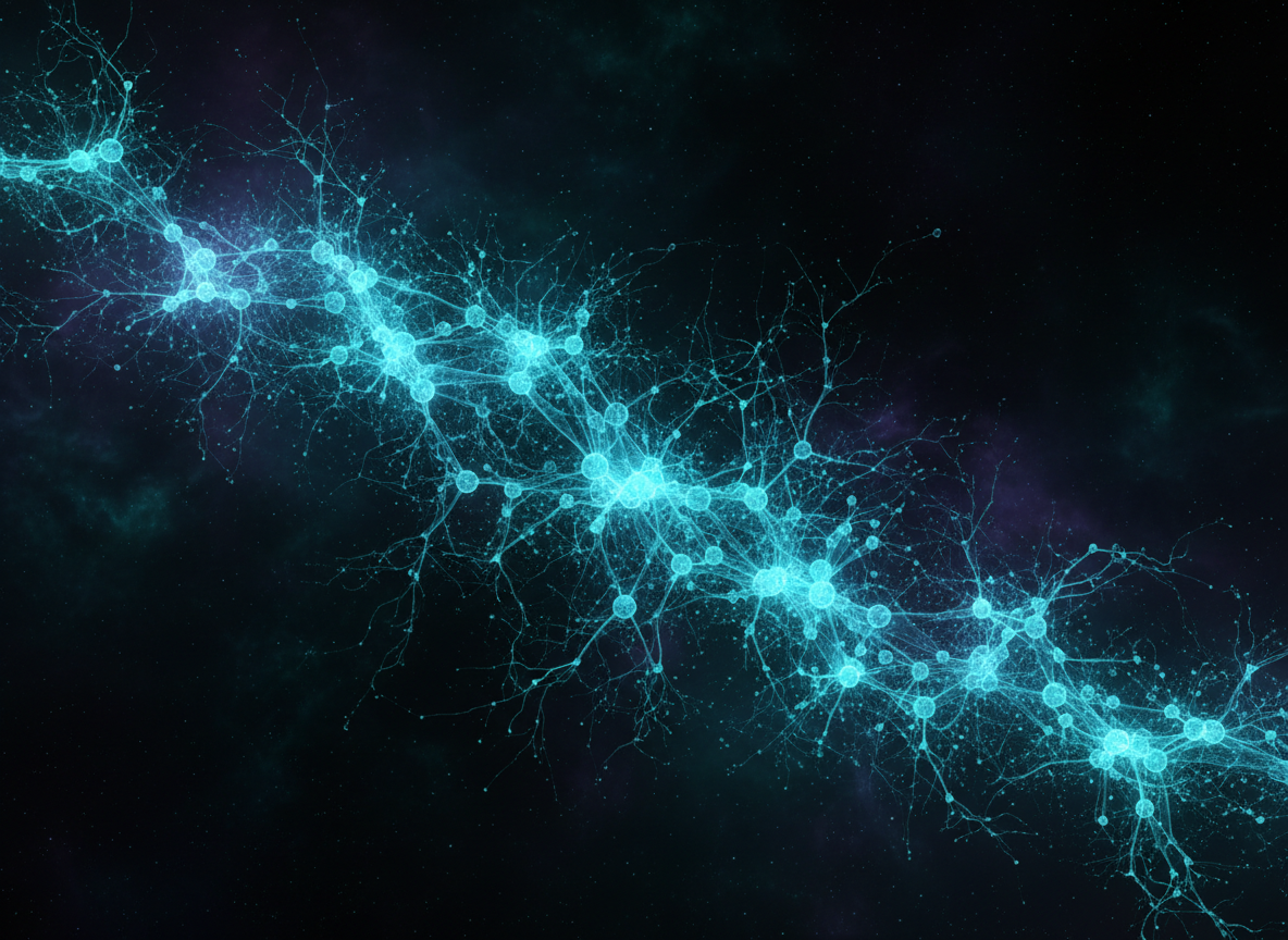 Glowing teal neural network synapse structure representing brain function and energy peptide research.