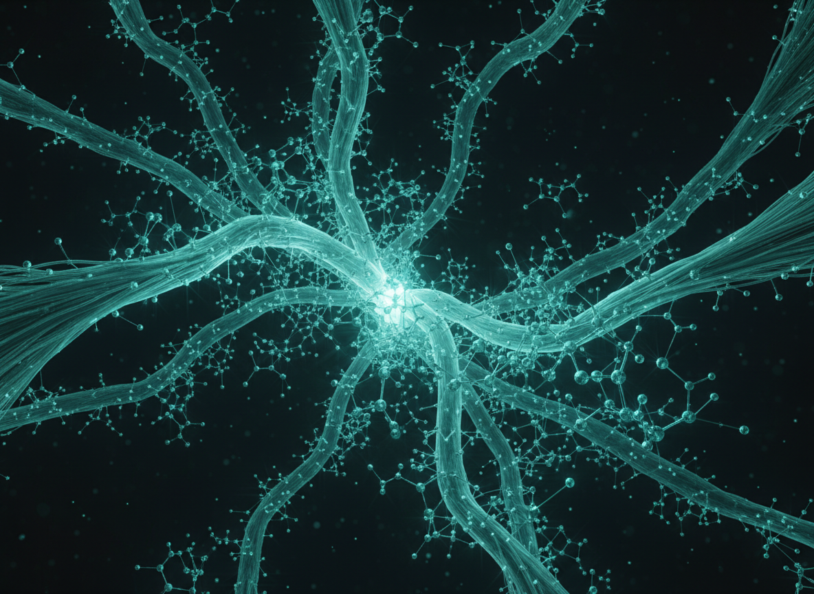 Glowing teal fibrous protein strands representing muscle growth peptide research.